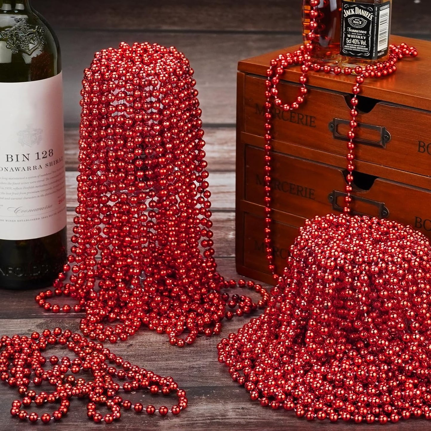 YAXINRUI 24 PCS Red Bead Necklaces, Red Christmas Mardi Gras Bead Necklaces, Valentine Necklace, 33 Inch Round Beaded Necklaces for Mardi Gras Christmas Valentine Festive Events, Party Favors