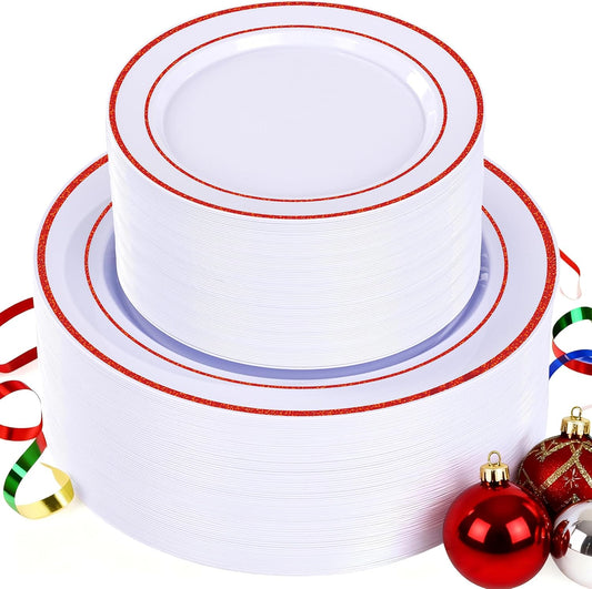 U-QE 100pcs Glitter Red Plastic Plates for Party - White Plates Disposable Heavy Duty - Include 50 10" Dinner and 50 7" Dessert Plate, Perfect for Party, Wedding(Glitter Red)