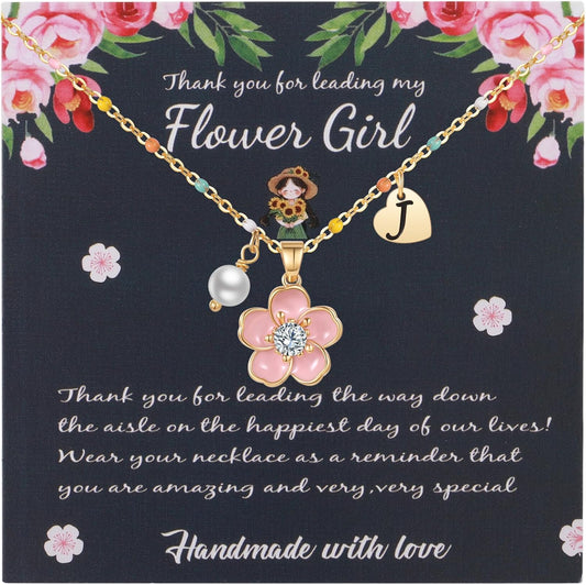 DS Flower Girl Necklace Gifts |Heart Initial Letter Flower Necklaces with Pearl Charm for Women | Personalized Wedding Proposal Bridal Shower Party Jewelry Gift | 18K Gold Plated Stainless Steel