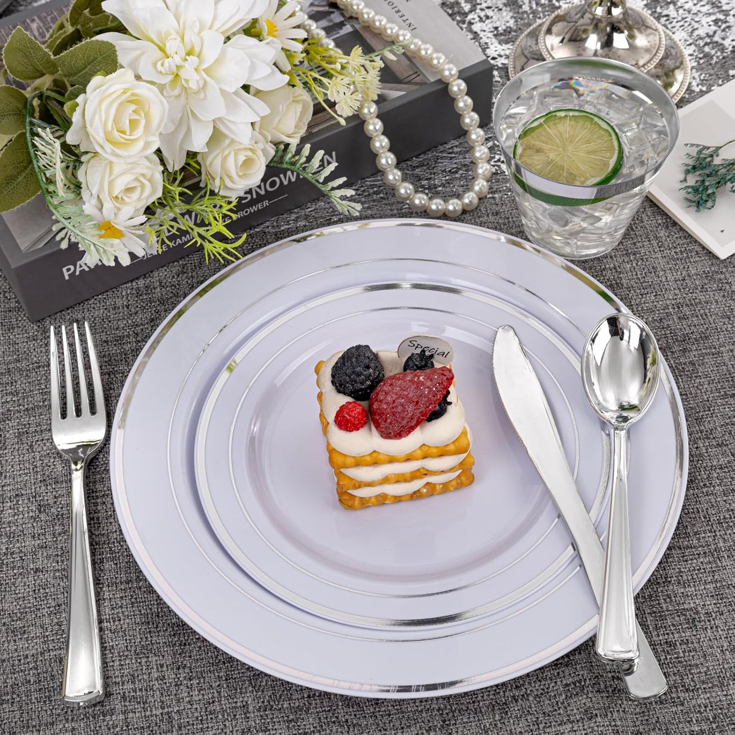 WELLIFE 350-Piece Silver Plastic Dinnerware Set - Disposable 10.25" Dinner Plates, 7.5" Dessert Plates, 9oz Silver Rim Cups & Cutlery for Weddings - 50 Guest Service - Elegant Disposable Silverware