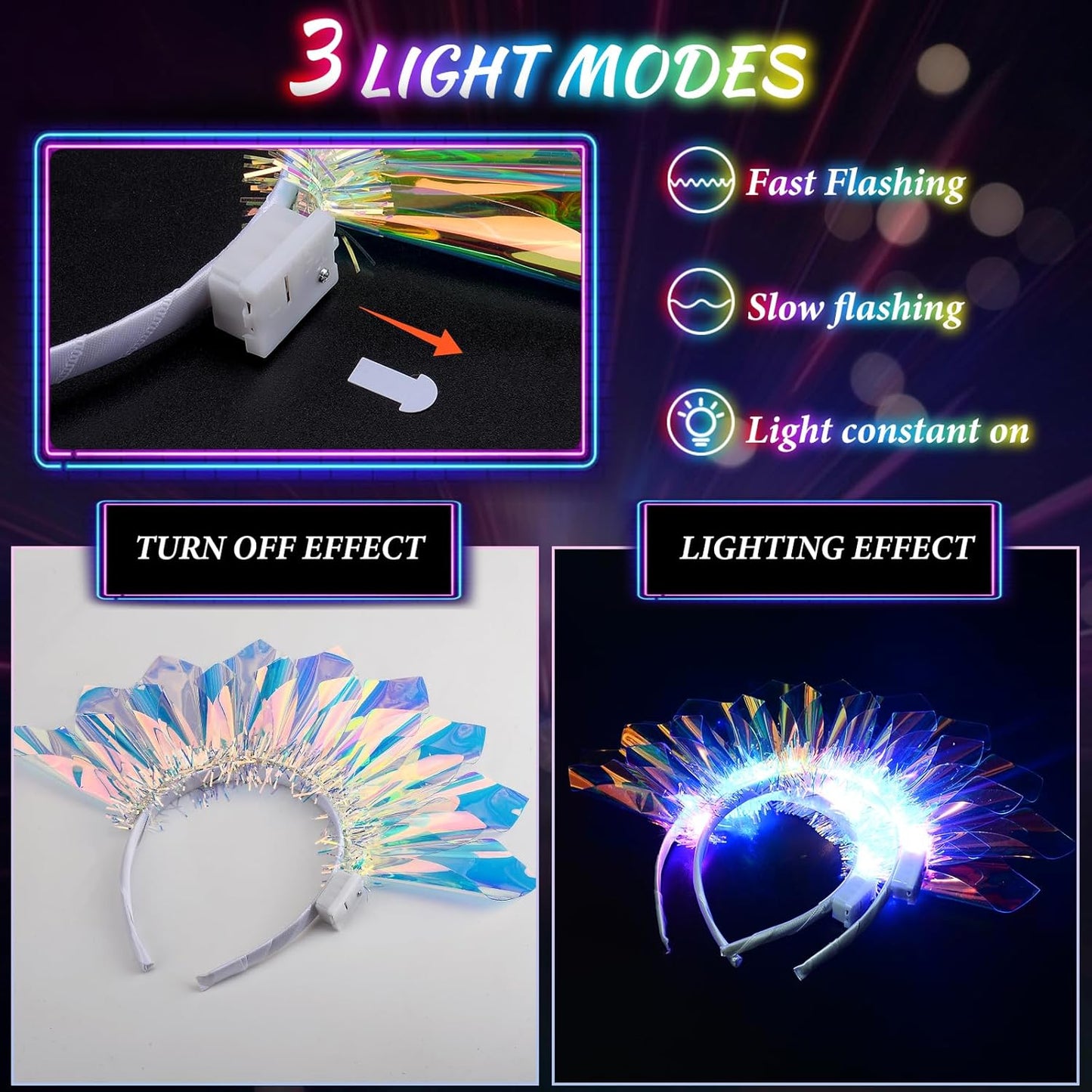 LED Headband Light Up Headband, Glow In The Dark Party Supplies, Glow Party Crown Hair Accessories for Women & Girls, Glow In The Dark Flashing Hair Band for Raves, Concerts, Halloween, Christmas