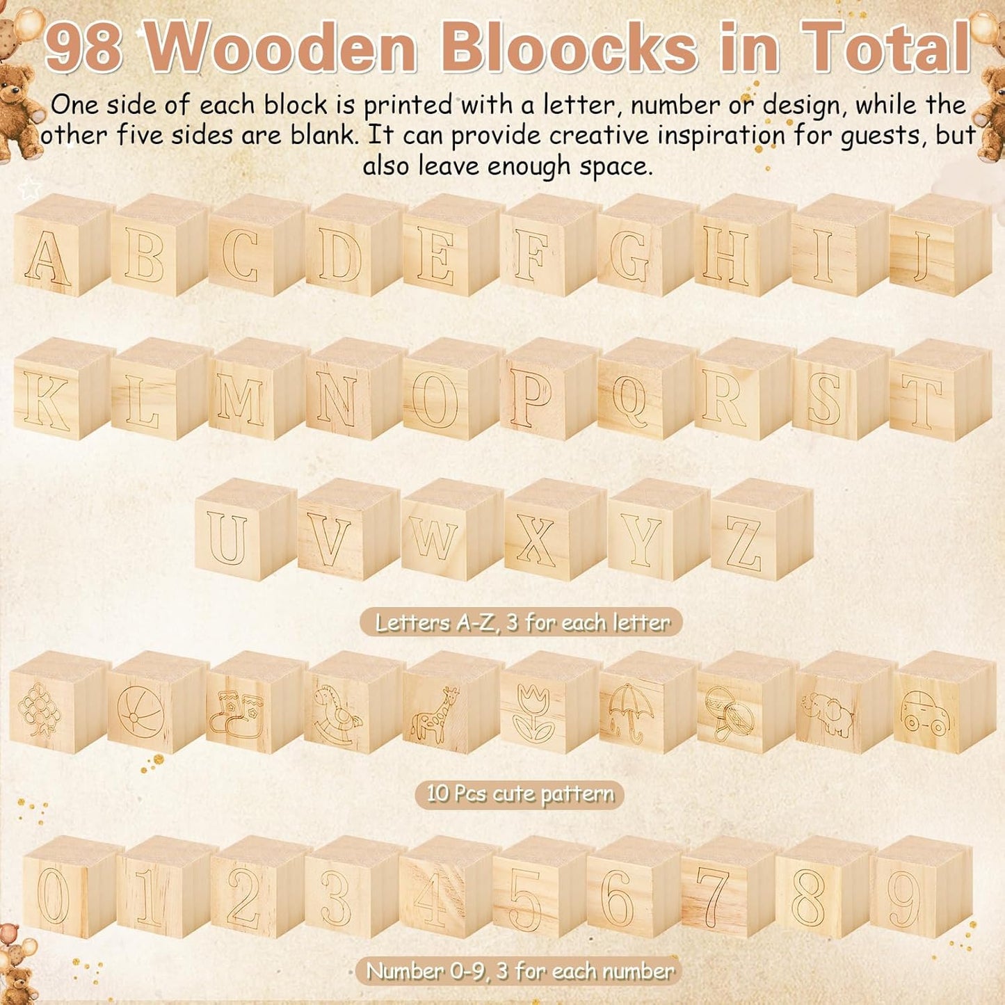 Marsui 136 Pcs Baby Shower Blocks to Decorate Game Kit Includes 98 Wooden Blocks, 36 Markers, 1 Game Sign, 1 Storage Box for Baby Shower Gender Reveal Activity Party Decorations(Brown Bear)