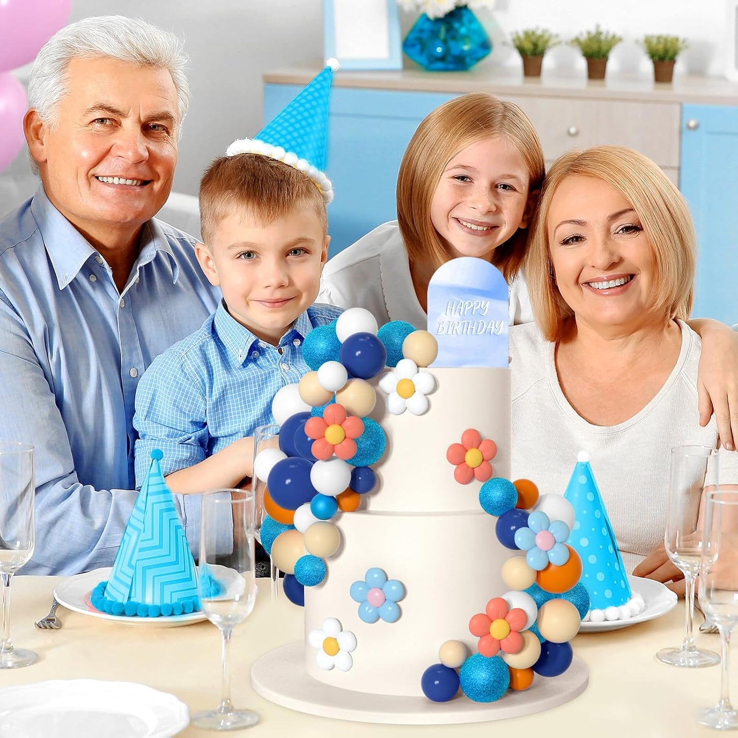 61 Pcs Boho Cake Topper Balls Decorations Mini Balloon Cake Topper Retro Hippie Daisy Flower Acrylic Ball Cake for Birthday Party Wedding Rainbow Baby Shower (Blue Orange)