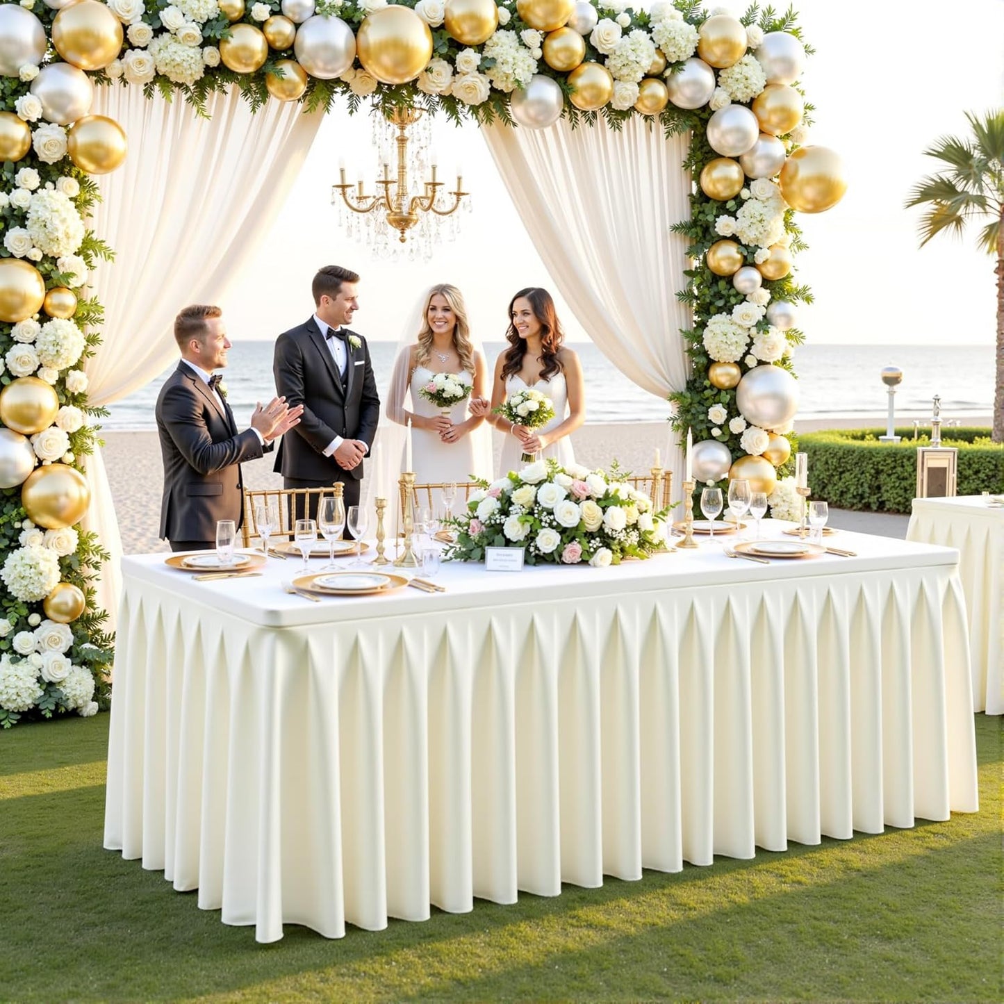 8 Pack Ivory Rectangle Tablecloth 8 FT Stretch Spandex Fitted Table Cloth for 8 Foot Rectangle Tables Banquet Tablecloths Wrinkle Free Table Cover Skirt Ruffle Tablecloth for Party Wedding Birthday