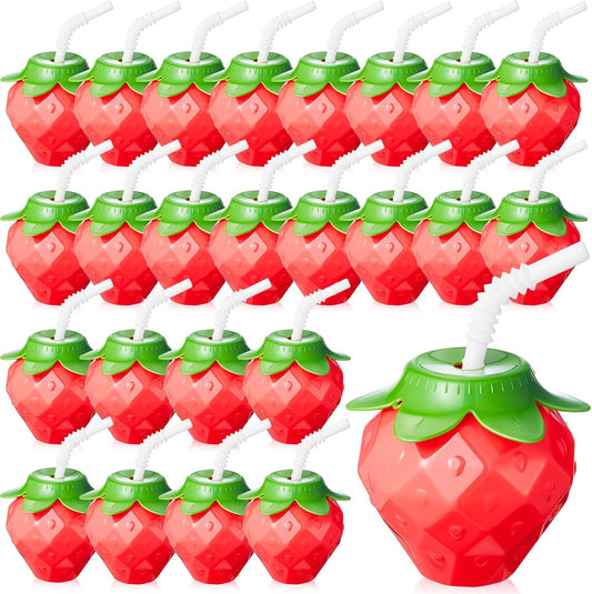 Havawish 24 Pcs Strawberry Shaped Cup with Lids and Straws, 17oz Strawberry Birthday Party Supplies Plastic Portable Reusable Cute Cups Water Bottle for Girls Women Drinking