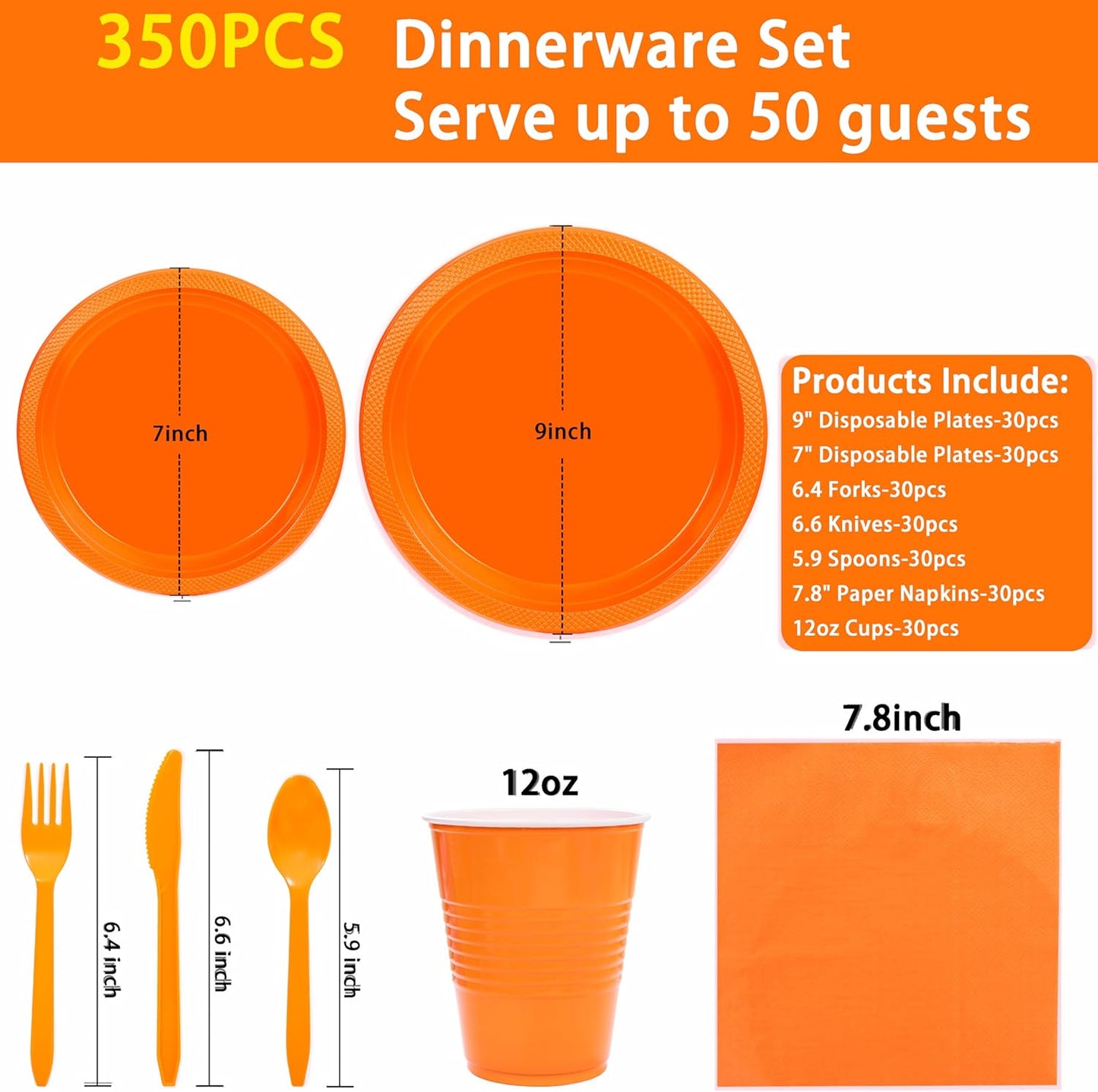 MirthMood 350PCS Orange Plastic Plates,Orange Disposable Plates Set– Plastic Plates Set Includes 50 Dinner,50 Dessert Plate,50 Cup&50 Napkins, 50 orange Silverware for Wedding & Birthday Parties