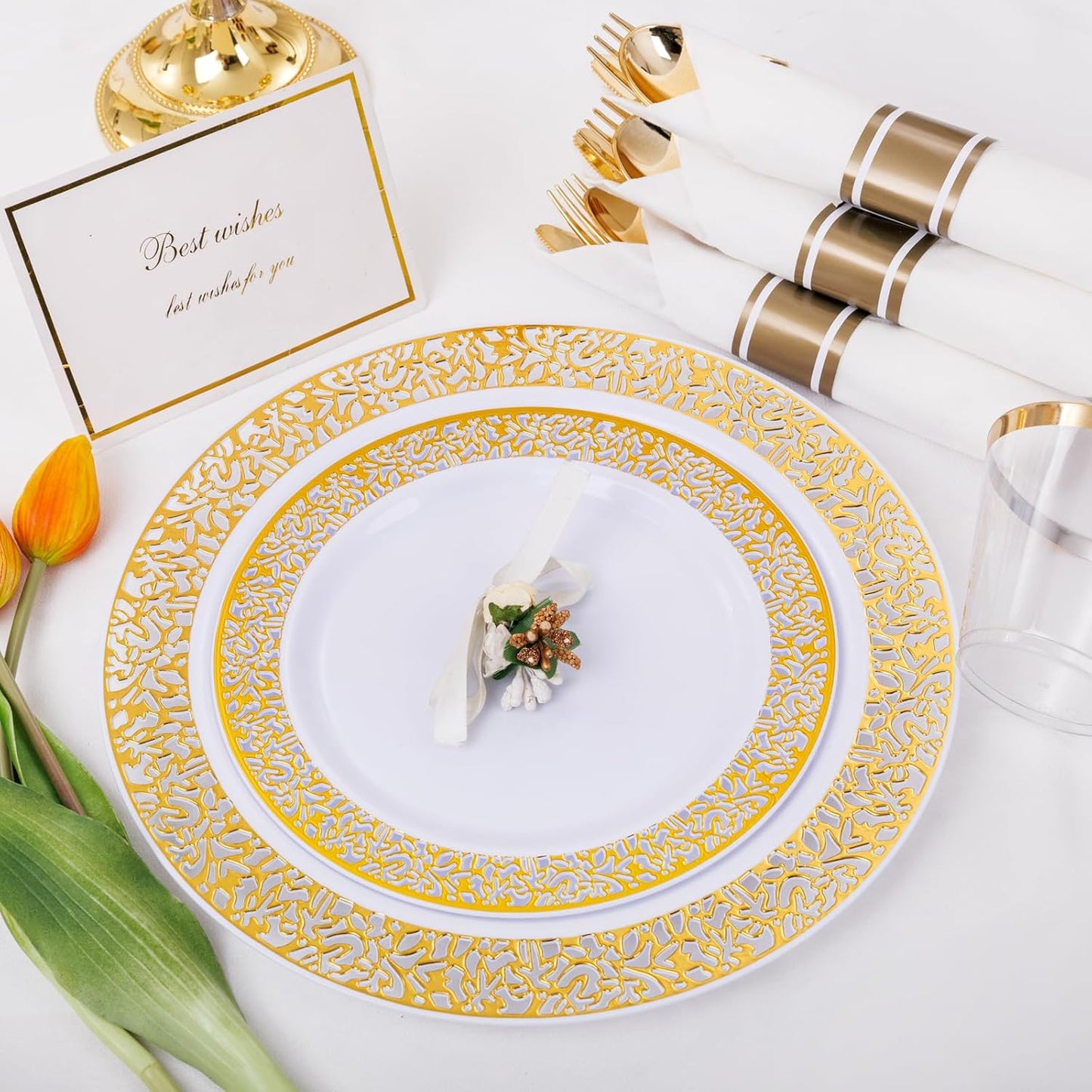 WELLIFE 175Pcs Gold Dinnerware Sets, Include:25 Dinner Plates, 25 Dessert Plates, 25 Paper Napkins, 25 Cups, 25 Plastic Cutlery Set