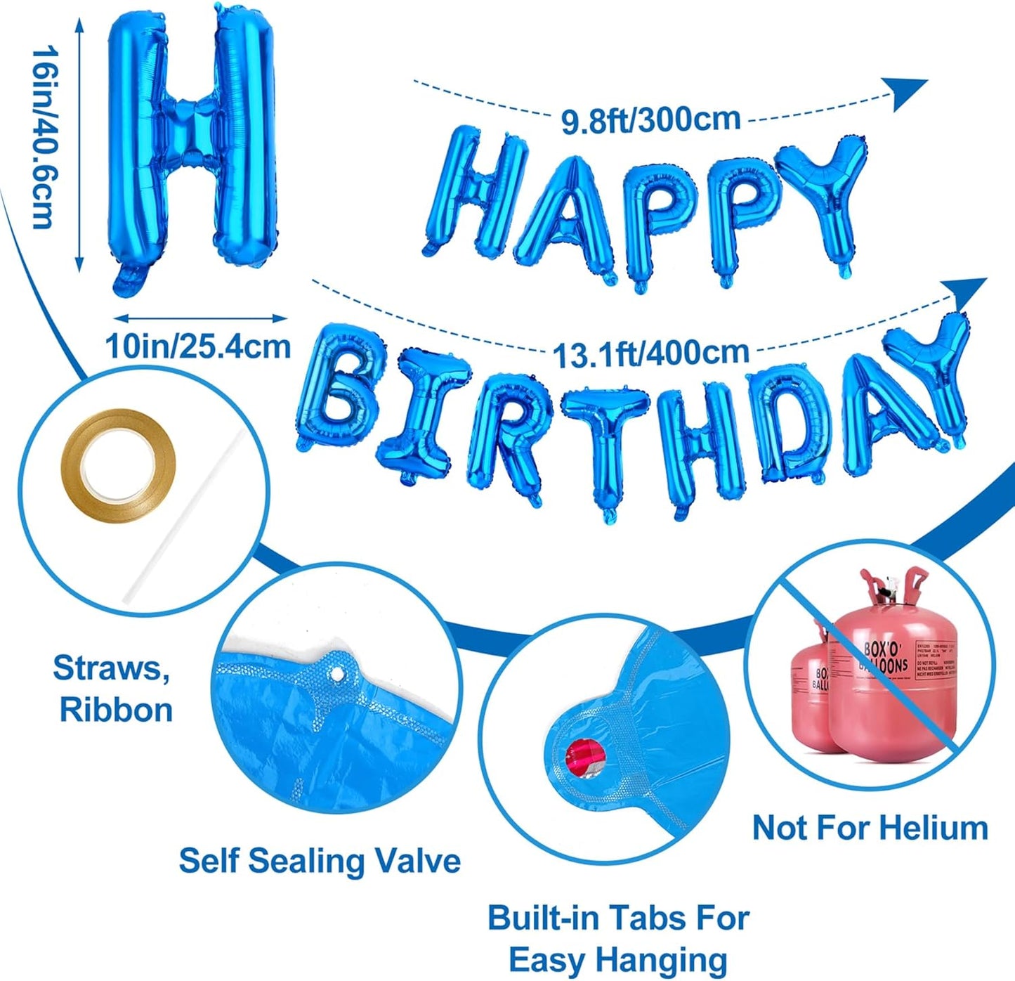 LIOZEOKUN Happy Birthday Balloon Letters 16 inch Mylar Foil Birthday Balloons Banner Sign for Birthday Party Decorations Supplies (Blue)