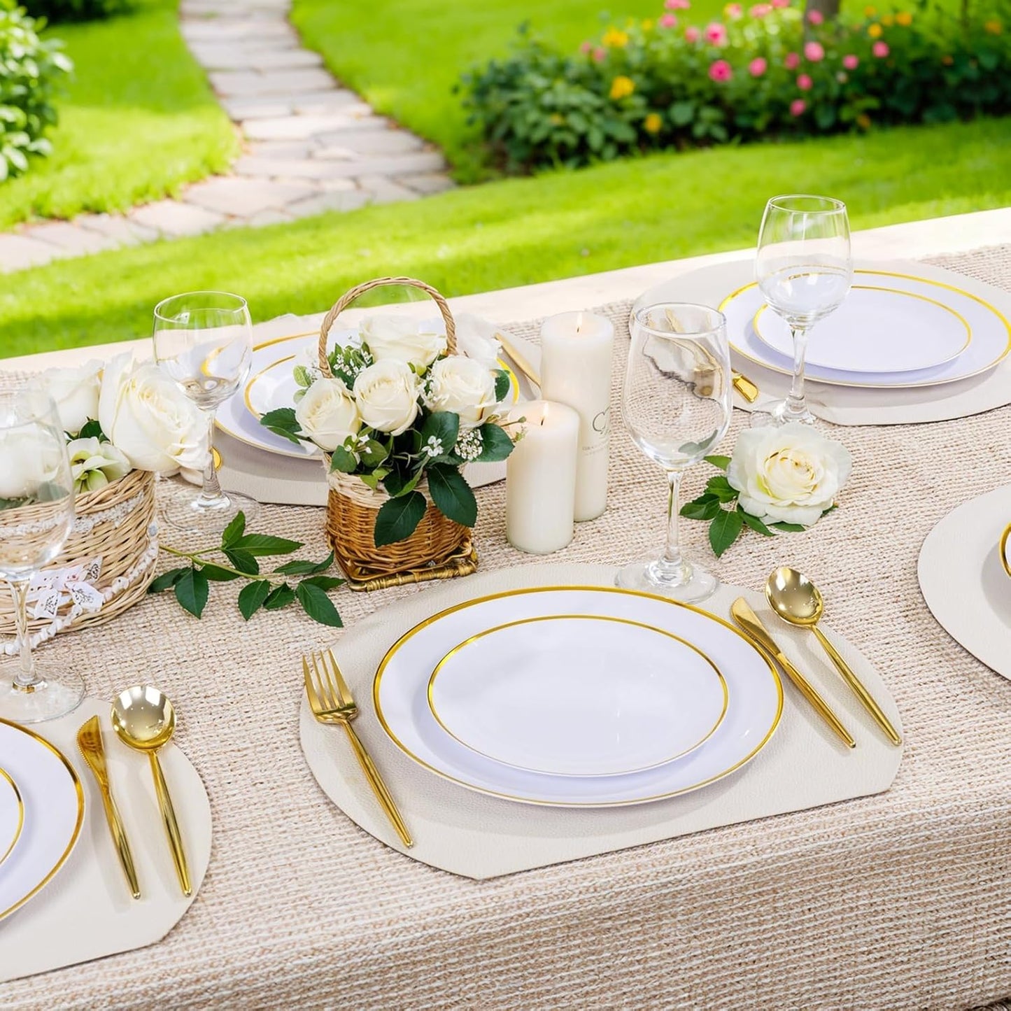 LIYH 120 Pcs White and Gold Plastic Plates for Party Disposable Plates - White with Gold Rim for Wedding/Tea Party- Includes 10.25 Inch Dinner and 7.5 Inch Dessert/Salad Plate 60 Guests