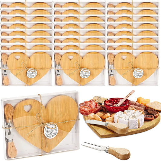 Patelai 24 Set Bridal Shower Favor Heart Cheese Board Cheese Knives Wood Mini Charcuterie Board Thank You Gift Box for Guest Bridal Baby Shower Prize Wedding Birthday Valentines (Bamboo Color)