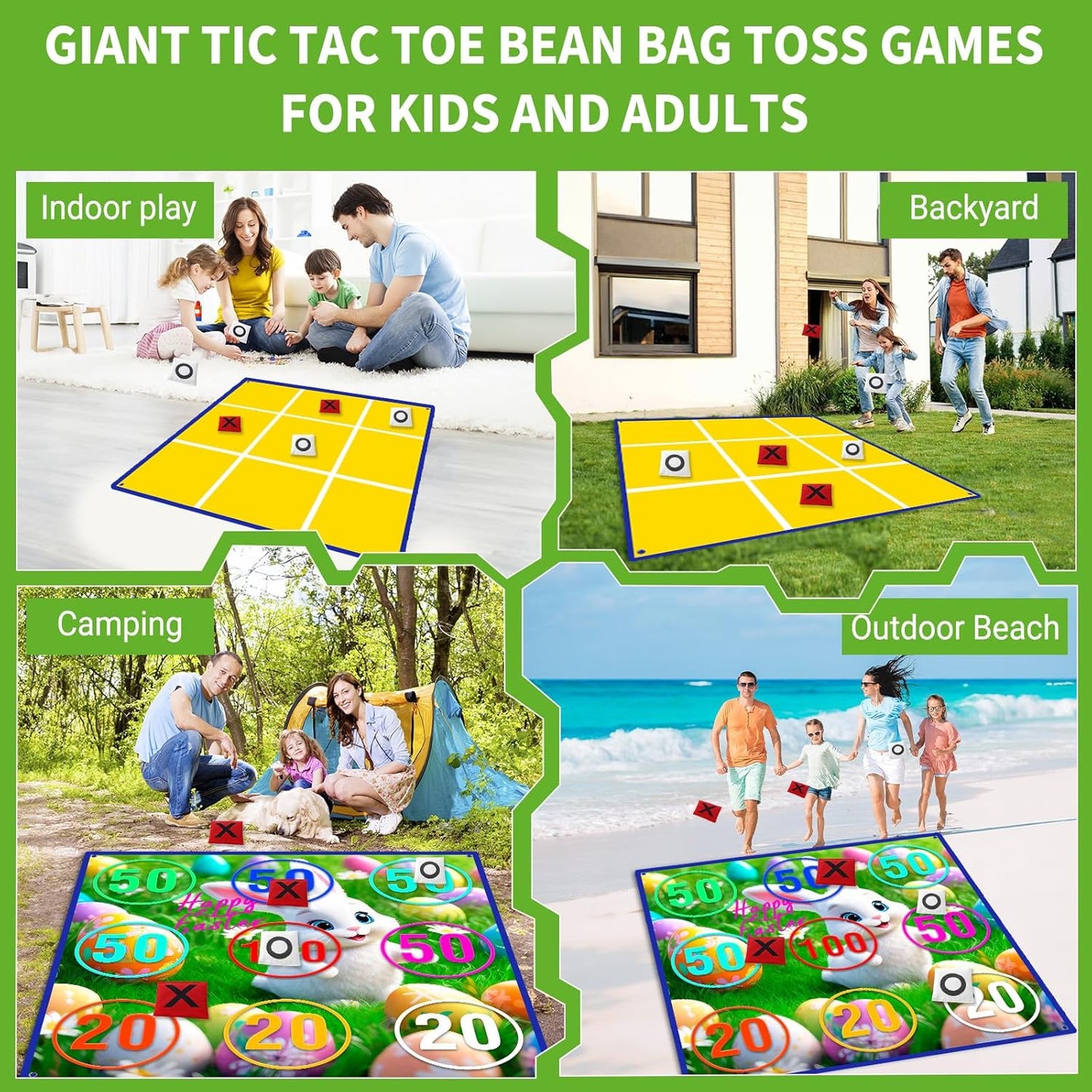 2-in-1 Giant Easter Bean Bag Toss & Large Tic Tac Toe Outdoor Games for Kids Adults-4.5ft Giant Outside Lawn Yard Camping Field Day Games for Kid Family-Backyard Fun Carnival Easter Party Giant Games