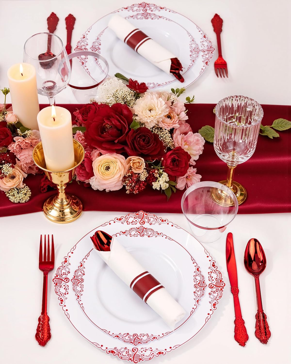 Nervure 175PCS Red Plastic Plates - White Red Plastic Dinnerware Sets for 25 Guests - 50 Red Disposable Plates, 25 Pre Rolled Cutlery Set, 25 Cups Perfect for Wedding, Party & Christmas