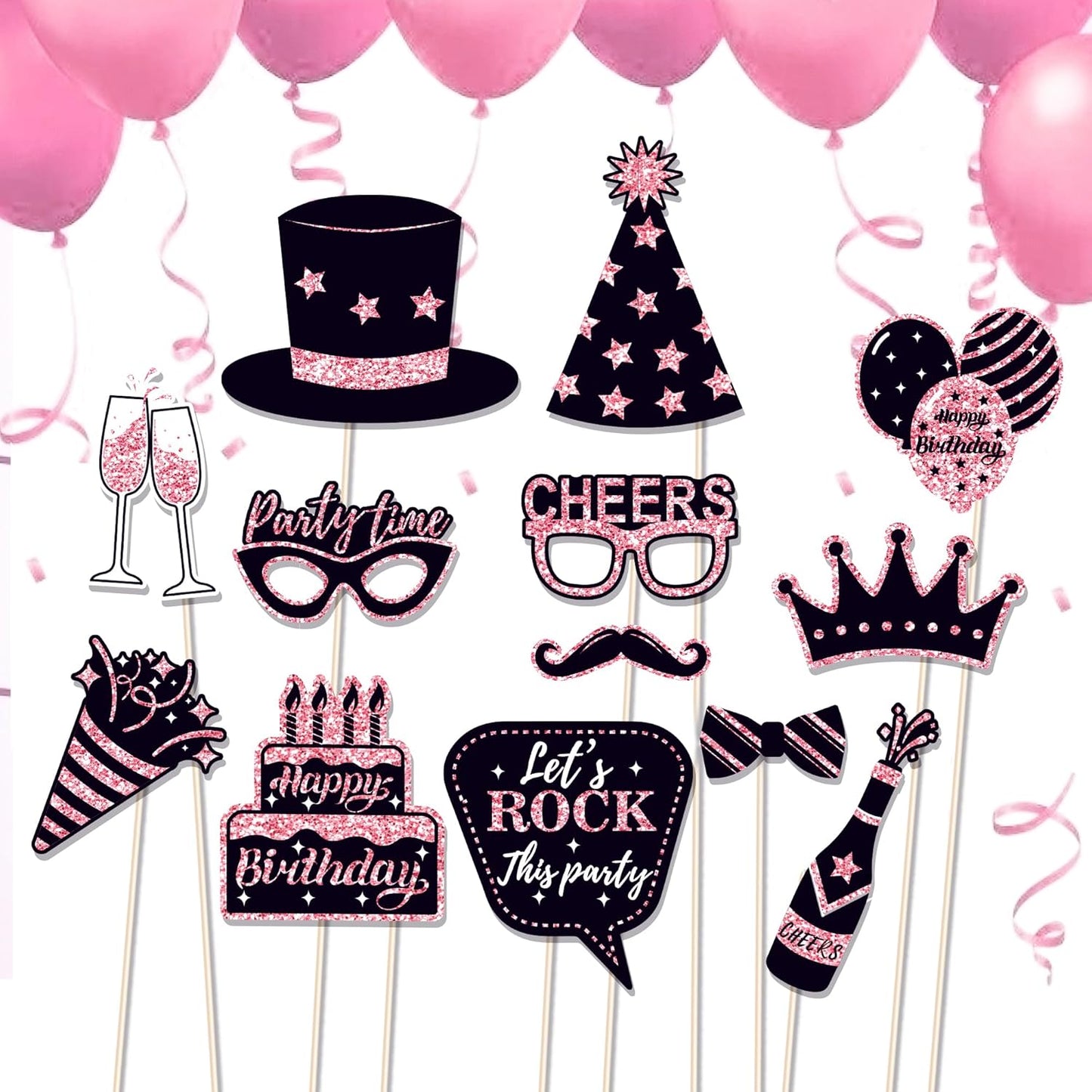 36 PCS Birthday Photo Booth Props Party Supplies Holiday Picture Decorations Photo Booth Props for Birthday Party Favors Pose Sign Kit Fun for Party (Black and Pink)