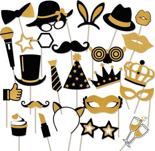 Photo Booth Props, Kaluofan 24PCS Photobooth Props, Funny Photo Props Party Props Accessories for Adults and Kids, Photo Booth Props for Wedding Birthday Christmas New Year‘s Eve(Black+Gold)