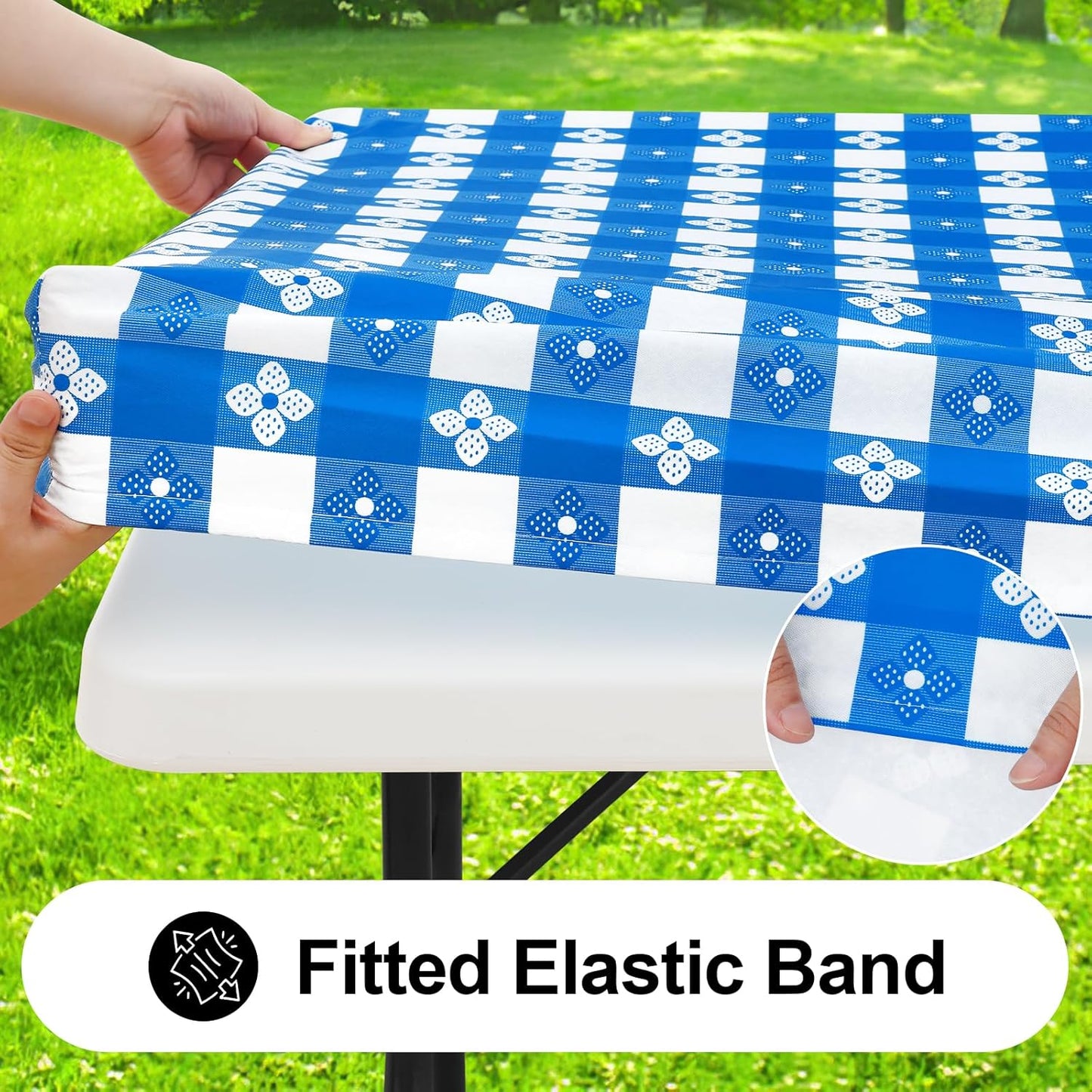 Rectangle Vinyl Table Cloth, Waterproof Elastic Fitted Tablecloth with Flannel Backing, Plastic Table Cover for Picnic, Camping, Outdoor (Blue & White, 30"x72")
