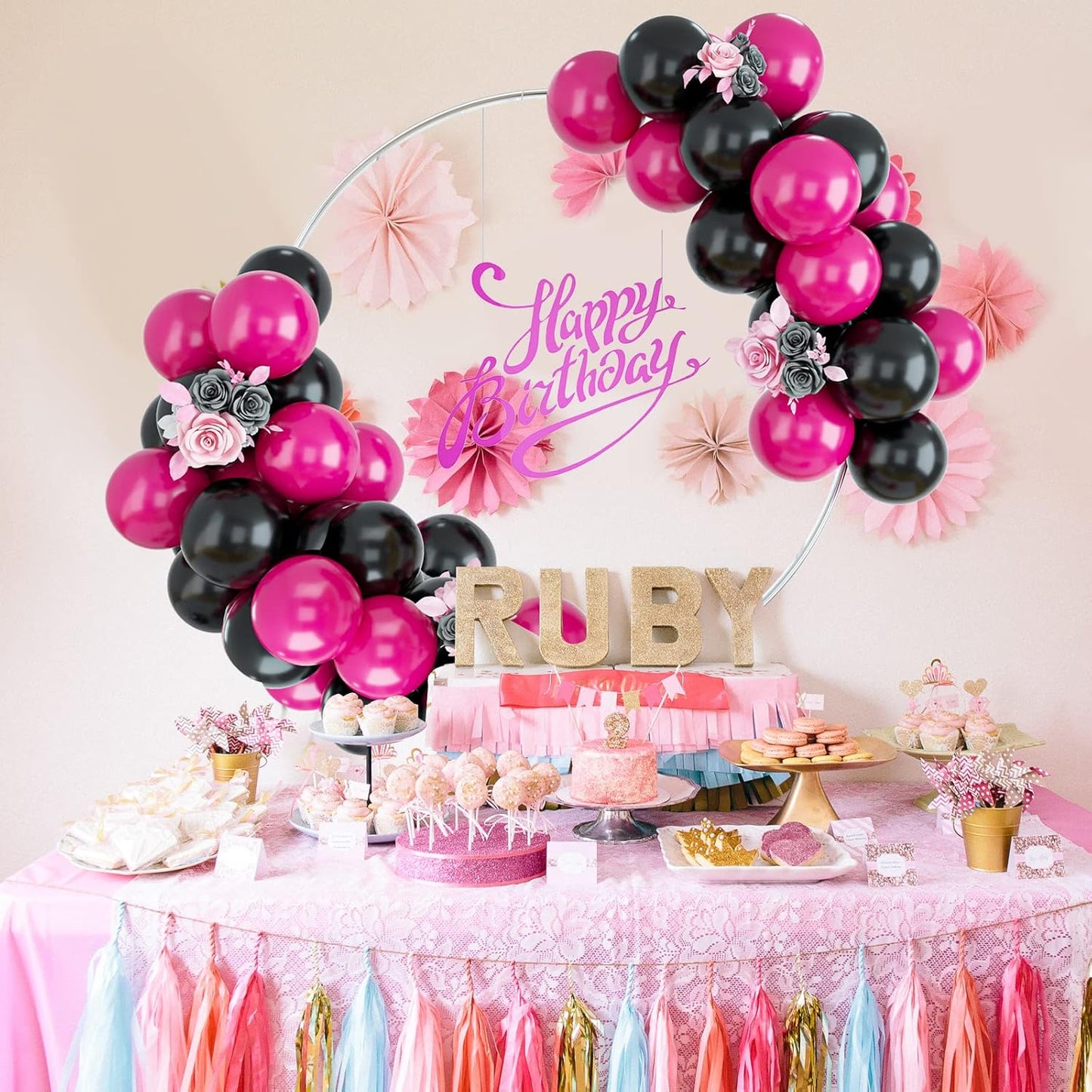 Black and Hot Pink Balloons, 50PCS Balloon Arch Kit for Birthday, Wedding, Baby Shower, Engagement DIY Hula Hoop Decoration Party Supplies