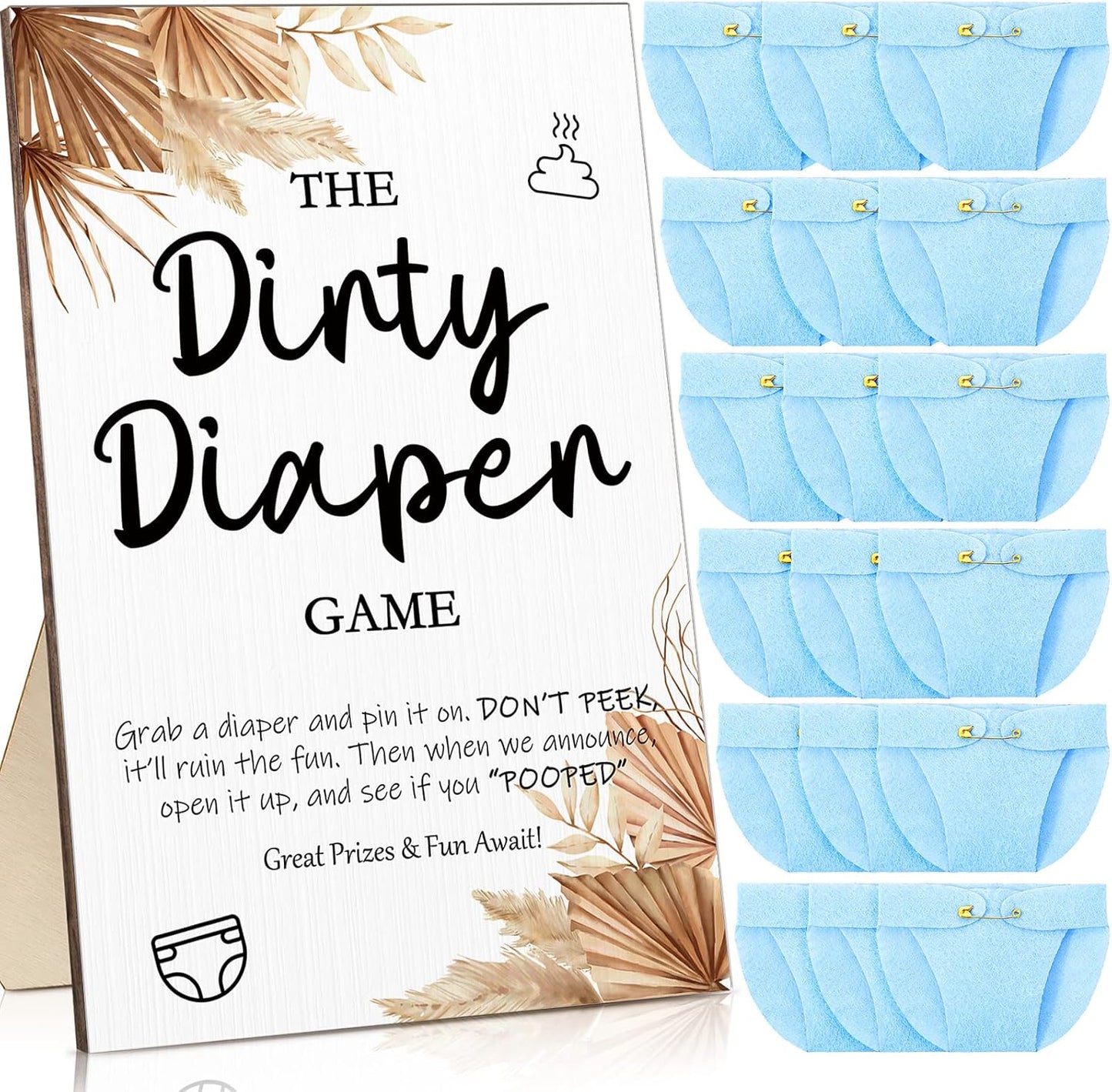 Roowest 51 Pcs Dirty Diaper Baby Shower Games Funny Wooden Sign with 50 Pcs Mini Diapers Cute Felt for Gender Reveal Party Baby Shower(Boho Blue)