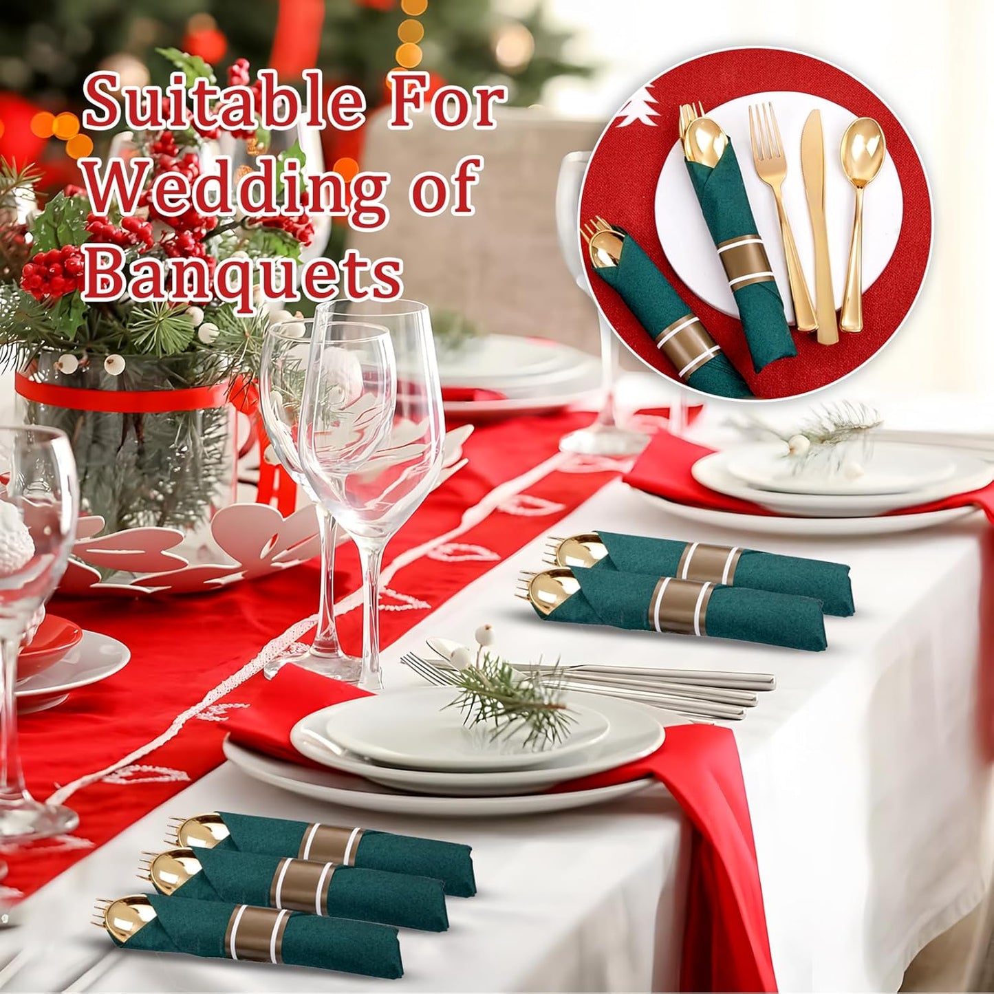 Supernal Gold Plastic Silverware with Green Napkins,Gold Silverware Disposable,Wrapped Plastic Cutlery Set with Napkin,Pre Rolled Silverware Set Disposable,Christmas Cutlery Suitable for 30 Guests