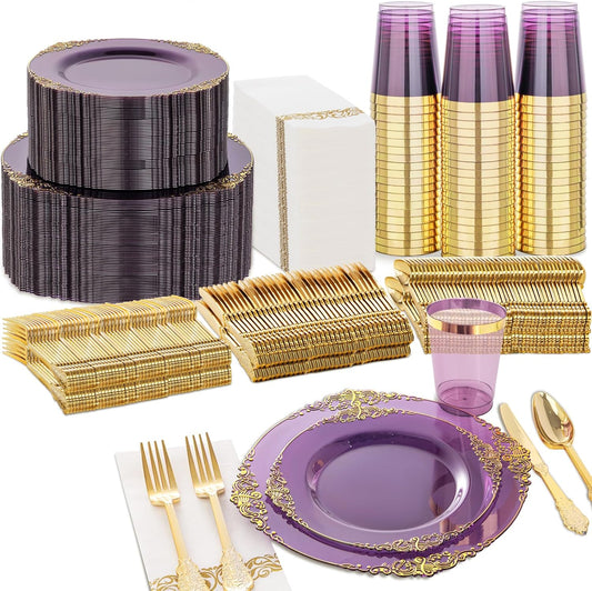 Nervure 350PCS Purple Plastic Plates - Purple Plastic Dinnerware Sets for 50 Guests - 100 Disposable Plates, 150 Gold Silverware, 50 Cups, 50 Napkins for Wedding & Party