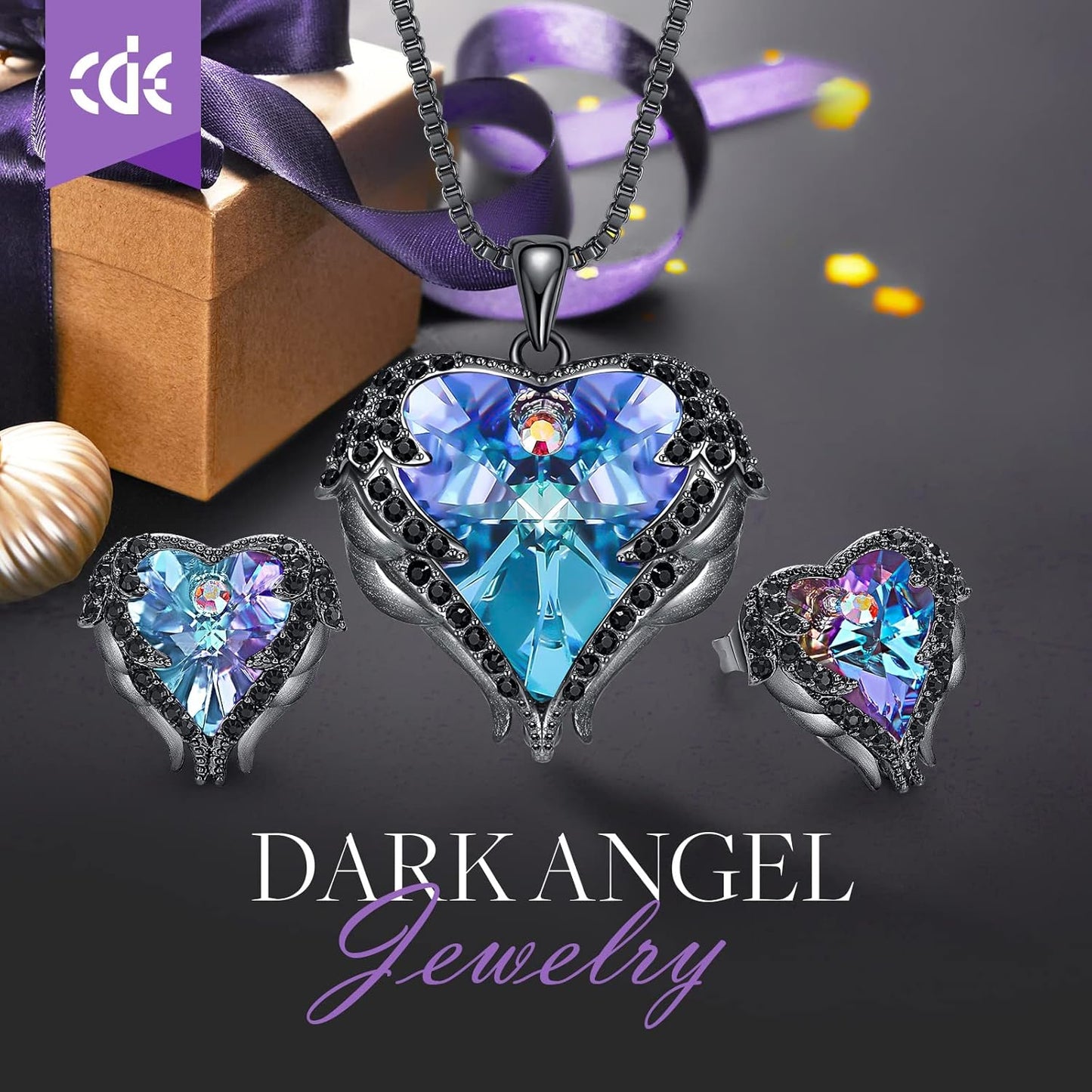 CDE Mothers Day Jewelry Set for Women, Angle Wing Heart Pendant Necklaces and Earrings with Birthstone， Birthday/Anniversary Christmas Jewelry Gift for Women Wife Her