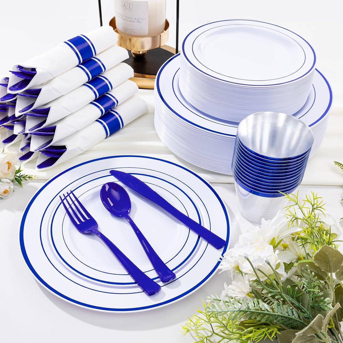 WELLIFE 350 Pieces Blue Plastic Plates - Disposable Silverware and Cups, Include: 50 Dinner Plates 10.25”, 50 Dessert Plates 7.5”, 50 Blue Cups 9 OZ, 50 Plastic Cutlery