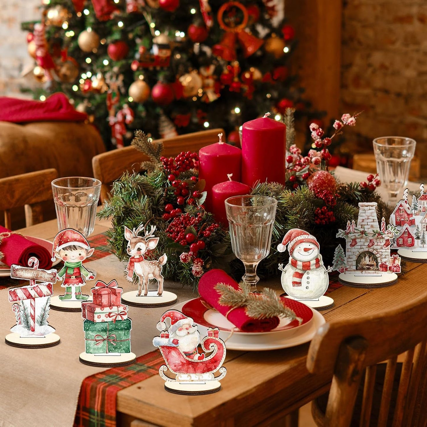 16 Pcs Wooden Classic Christmas Table Centerpiece Vintage Watercolor Xmas Tabletop Detachable Sign Farmhouse Snowman Deer Santa Table Toppers Display Decor Birthday Photo Props Party Favor Supplies
