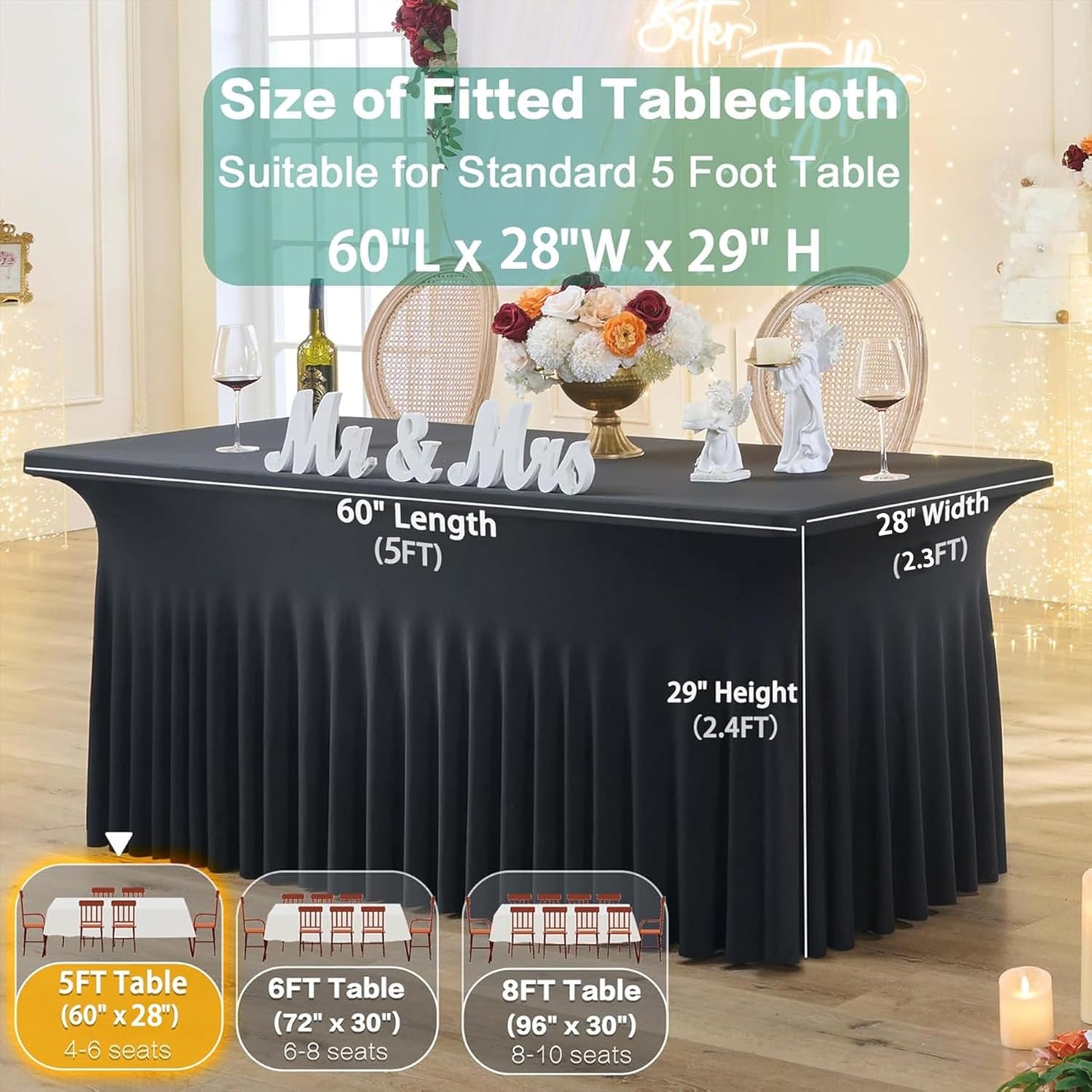 4 Pack Black Spandex Tablecloth for 5 Foot Rectangle Tables, Wrinkle Free Fitted Table Clothes Cover 5ft Stretchy Tablecloths with Skirt for Parties Weddings Birthday Banquet Baby Shower