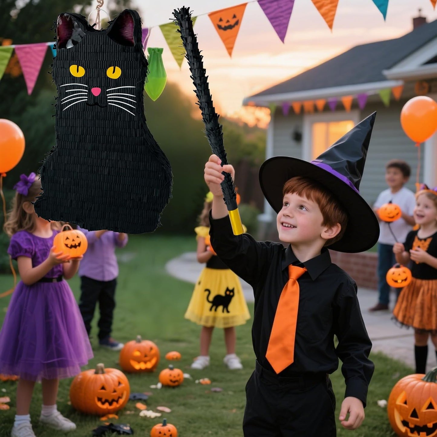 PCFING 21.6 Inch Halloween Cat Piñata with 30 Inch Piñata Stick Blindfold Confetti for Boy Girl Adults Halloween Scary Party Decorations，Candy Game，Trick Treat Party
