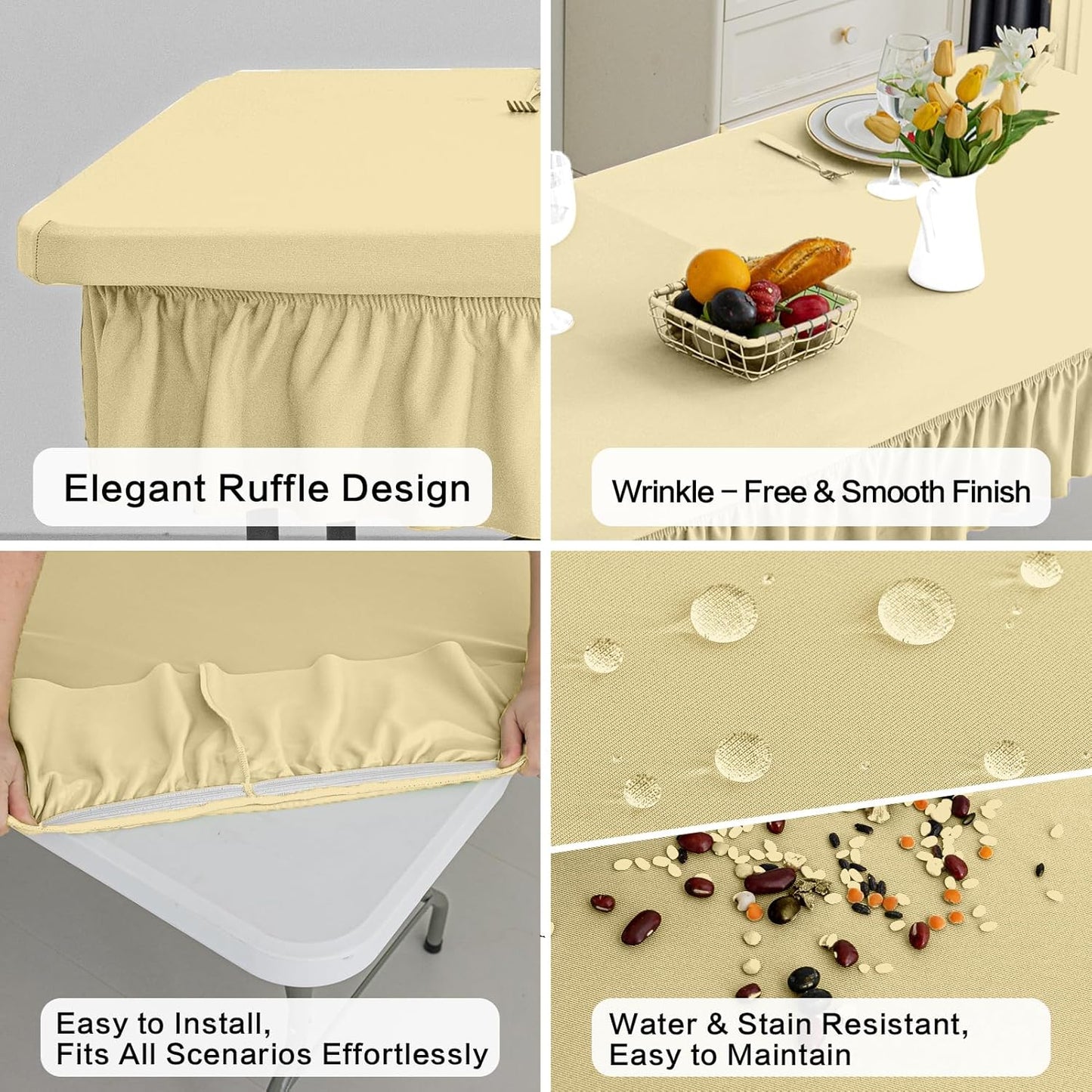 4ft Faint Yellow Stretch Tablecloth for Rectangular Tables - Flared Wrap Design, Waterproof, Wrinkle-Resistant, Washable - Ideal for Weddings, Parties, Banquets & Table Protection