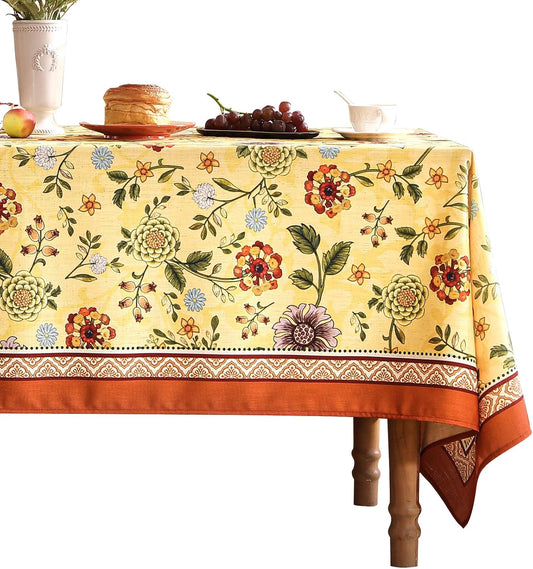 Vintage Linen Tablecloth for Rectangle Table,Yellow Floral French Wrinkle Free Tablecloths,Decorative Table Cover for Kitchen,Dining,Thanksgiving,Christmas,Party,55"*79"-Bellano