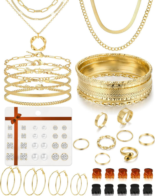 YEEZII Gold Jewelry Set for Women with 5Pcs Layered Necklace, 5Pcs Layered Necklace, 12 Bracelets, 4 Hoop Earrings, 8 Stackable Rings, 10 hairpins, 12 Studs Earrings Jewerly set for Women