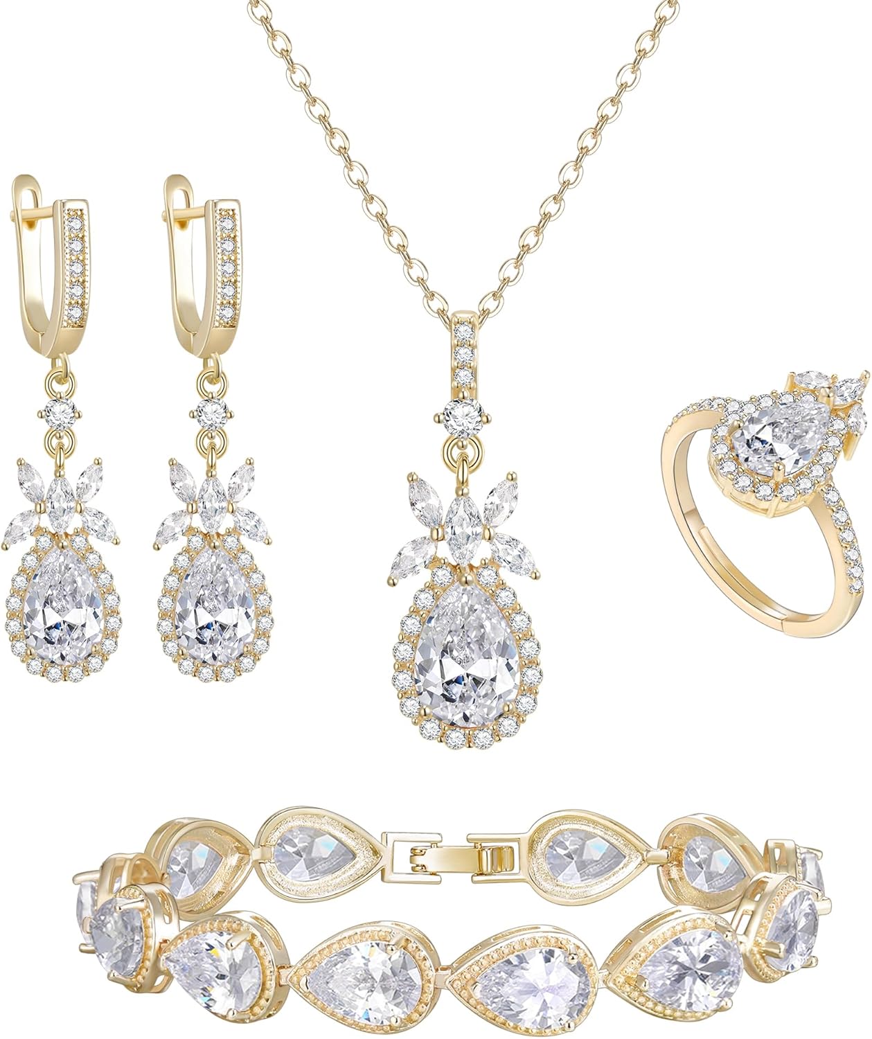 EleQueen Water Drop Pendant Necklace Long Dangle Earrings Tennis Bracelet Set, Sparkle Cubic Zirconia Teardrop Wedding Jewelry Sets for Bride Bridesmaid
