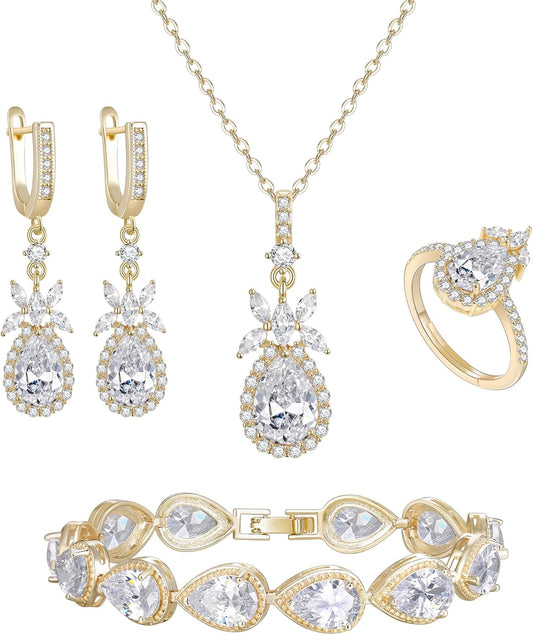 EleQueen Water Drop Pendant Necklace Long Dangle Earrings Tennis Bracelet Set, Sparkle Cubic Zirconia Teardrop Wedding Jewelry Sets for Bride Bridesmaid