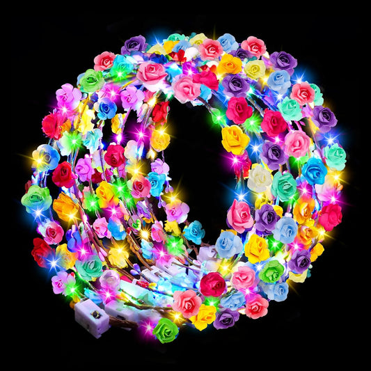 24 PCS LED Flower Crowns Headbands, Light Up Flower Crowns for Women & Girls, Glow in The Dark Flower Hairbands Wreath for Wedding Beach Party Birthday Cosplay Gifts, Halloween, Christmas
