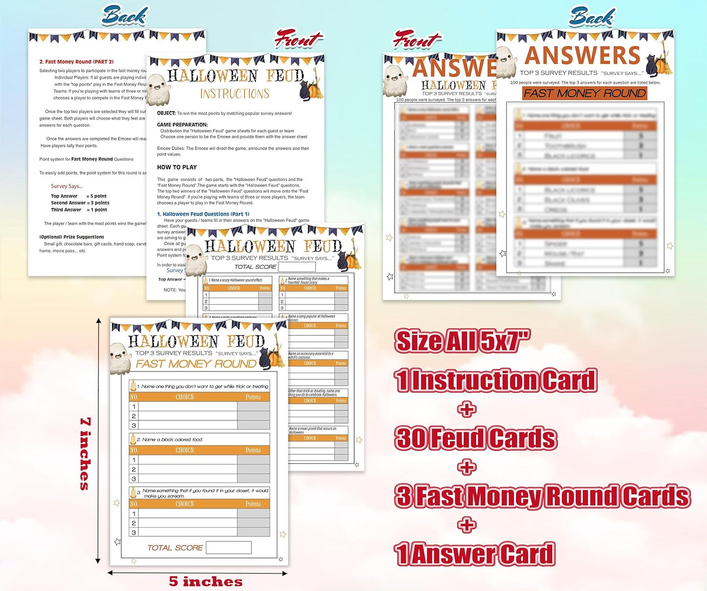 Halloween Feud Game Set, Friendly Feud Quiz, Baby Shower Game, Halloween Party Activity, Family Games for Adults (30 Halloween Feud Cards + 3 Fast Money Round Cards) Halloween Party Decorations-P001