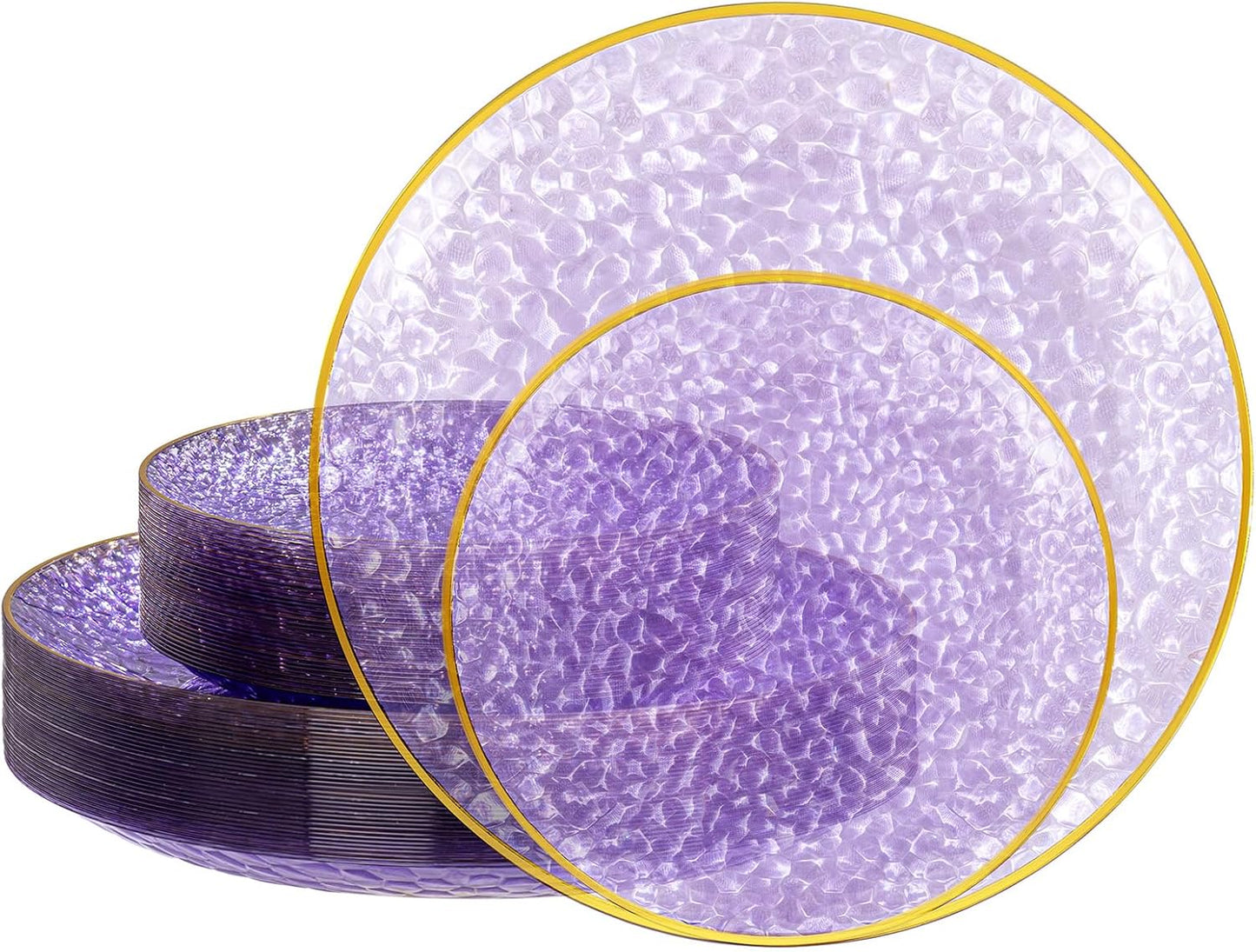 SUT 36Pcs Purple Plastic Plates, Hammered Plates Disposable Heavy Duty, Purple Disposable Plates With Gold Rim, Fancy Plastic plates Include 18 Dinner and 18 Dessert plates for Wedding