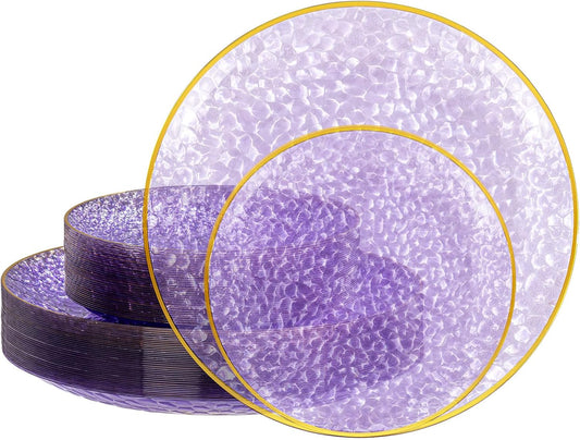 SUT 36Pcs Purple Plastic Plates, Hammered Plates Disposable Heavy Duty, Purple Disposable Plates With Gold Rim, Fancy Plastic plates Include 18 Dinner and 18 Dessert plates for Wedding