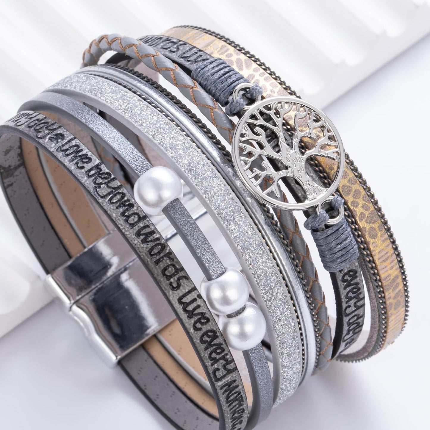 FANCY SHINY Tree of Life Leather Wrap Bracelet Inspirational Cuff Bangles Boho Pearl Bracelets with Magnetic Clasp Unique Jewelry Gifts for Women