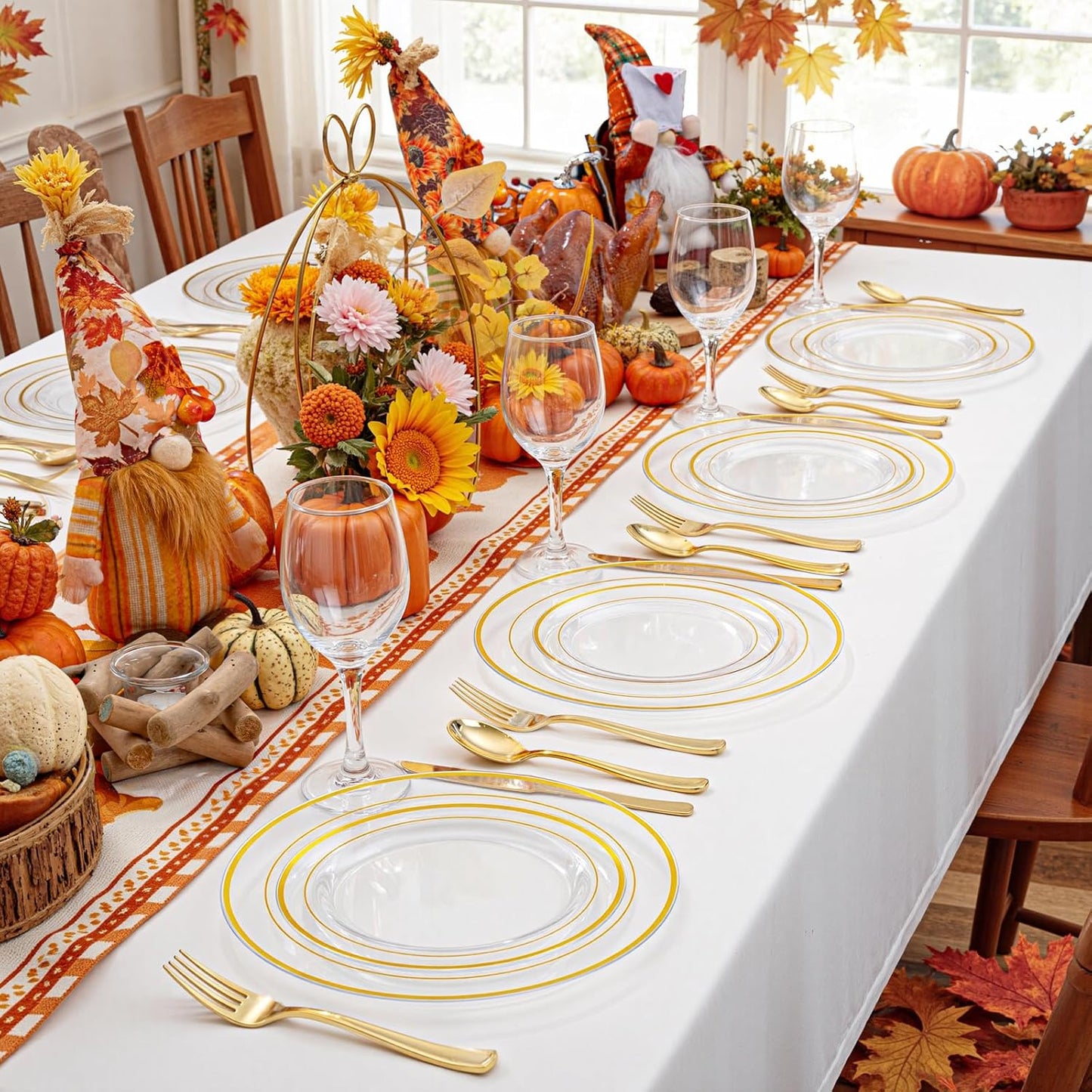 FLOWERCAT 100PCS Clear Plates with Gold Trim - Heavy Duty Clear and Gold Plastic Plate Disposable for Thanksgiving Party/New Year Include 50PCS 10.25inch Dinner Plates - 50PCS 7.5inch Cake Plate