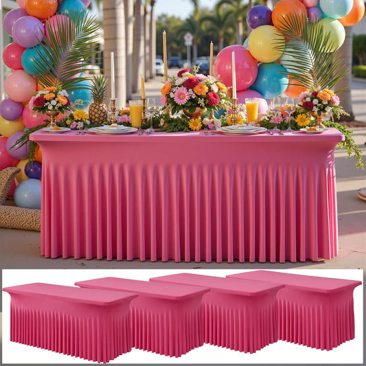 NSSONBEN 4 pk Hot Pink Spandex Tablecloth for 6 Foot Rectangle Tables, Wrinkle Free Fitted Spandex Table Covers 6ft Stretch Table Cloths with Ruffle Skirt for Parties Weddings Banquet Baby Shower