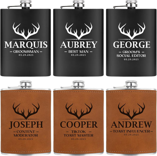 ELEGANTPARK Personalized Groomsmen Gifts for Wedding Custom Flask Monogram Groomsmen Proposal Gifts Bachelor Party Favor for Groom Best Man Stainless Steel 8 OZ Black Hip Flask for Liquor 1 PCS