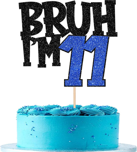 1 PCS Bruh I'm 11 Cake Topper Glitter Happy 11th Birthday Cake Pick Bro I'm 11 Cake Decoration It's My 11th Birthday Decorations for Cheers to 11 Years Old Birthday Anniversary Party Supplies Blue