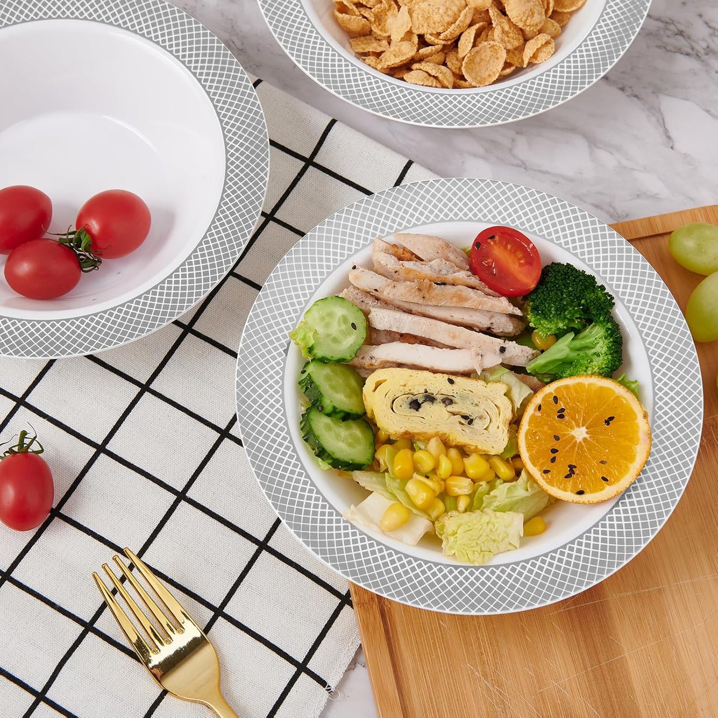 JOLLY CHEF 100 Pack Plastic Bowls with Silver Rim, 12 oz Disposable Soup Bowls, Heavy Duty Dessert Bowls for Weddings, Parties, Dinners, Catering, Thanksgiving and Everyday Use