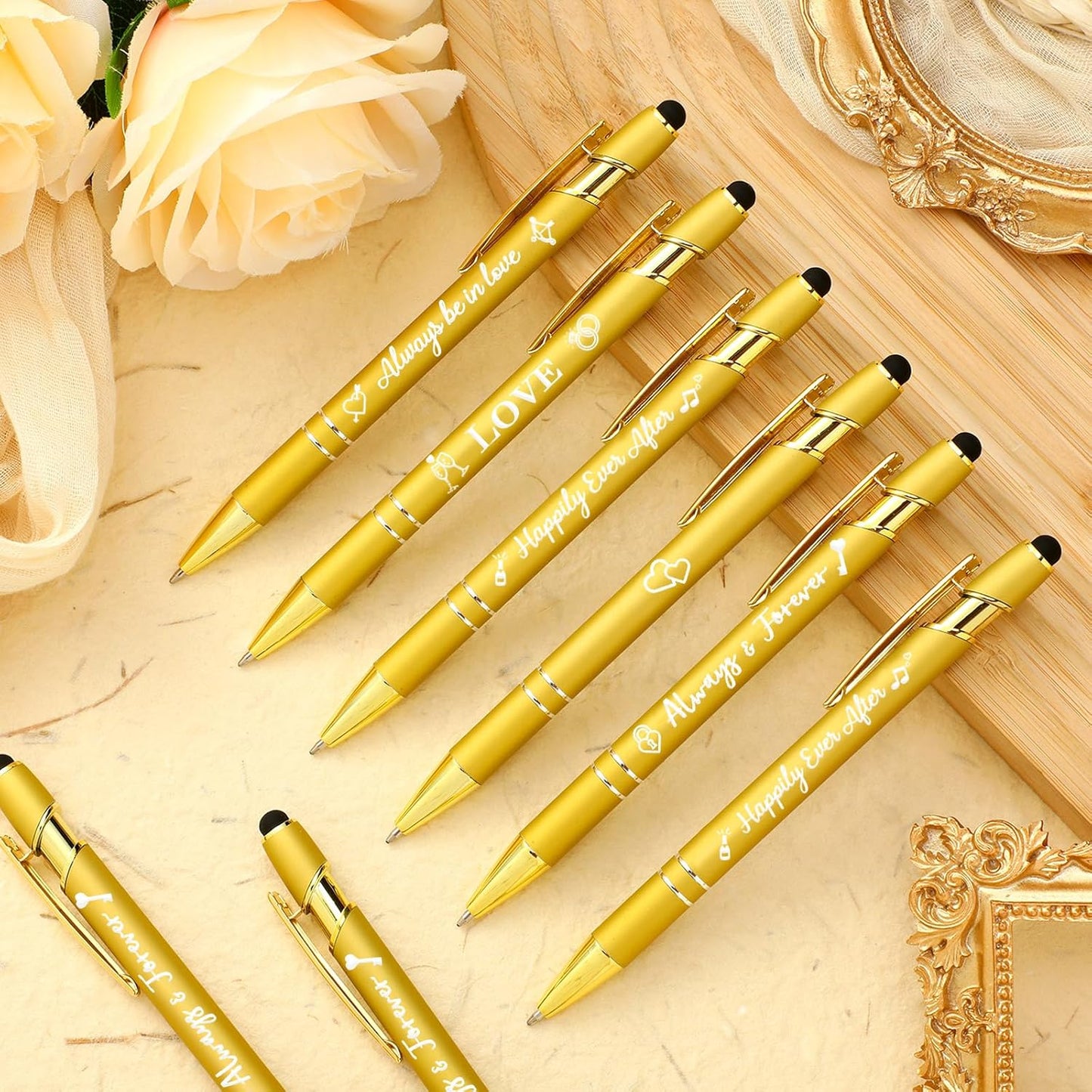 Kisston 36 Pcs Wedding Pens Bulk Bridal Shower Pens Favors Bachelorette 6 Styles Retractable Ballpoint Wedding Favors Supplies for Guest Game Office(Gold)