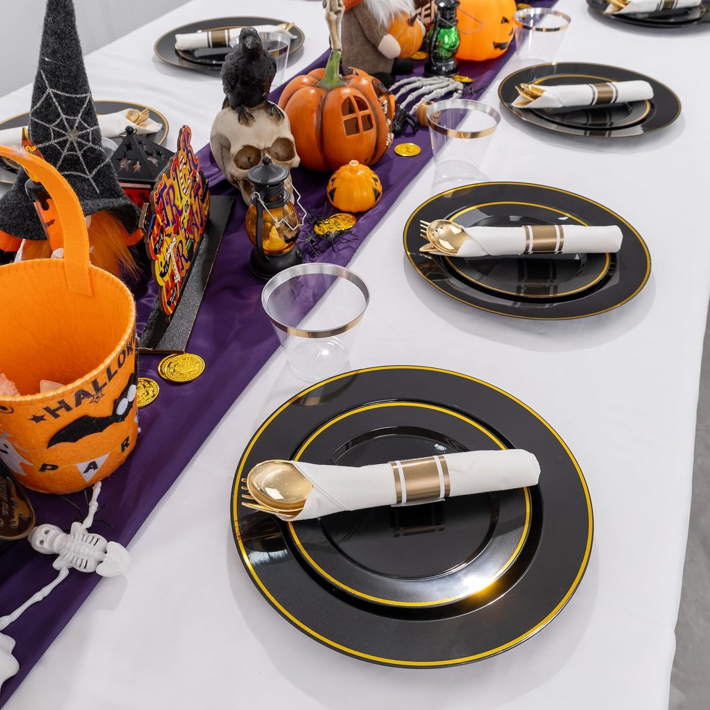 SUT 175 Pcs Black and Gold Plastic Dinnerware Set for 25 Guests, Include: 25 Dinner Plates, 25 Dessert Plates, 25 Pre Rolled Napkins With Silverware, 25 Cups, Disposable Plates for Party