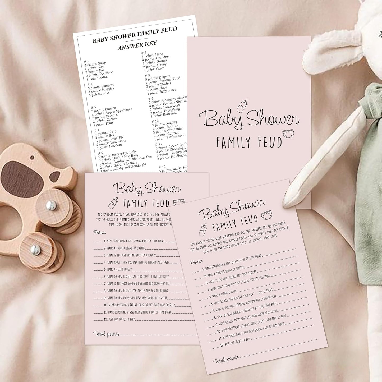 Baby Shower Family Feud Game - Pack of 30 Game Cards 1 Answer Key, Baby Shower Game for Boy & Girl, Gender Neutral Baby Shower Decorations, Baby Feud Game Supplies-01A-Indipink