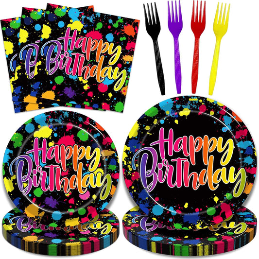 96 Pcs Neon Party Plates, Glow Birthday Party Supplies Disposable Paper Plates Dessert Napkins Glow in the Dark Favors Decorations Graffiti Tableware For Kids, Serves 24