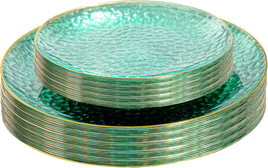 SUT 36Pcs Green Plastic Plates, Hammered Plates Disposable Heavy Duty, Green Disposable Plates With Gold Rim, Fancy Plastic plates Include 18 Dinner and 18 Dessert plates for Wedding