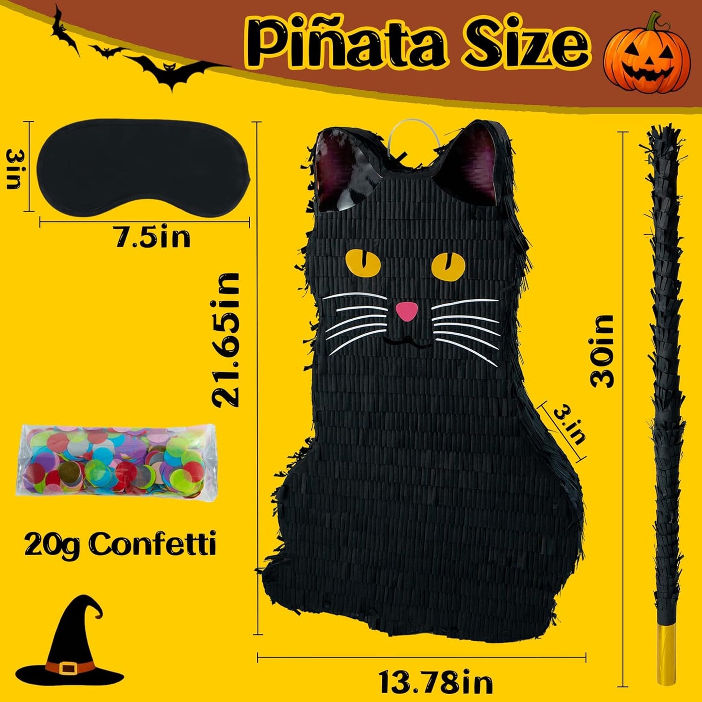 PCFING 21.6 Inch Halloween Cat Piñata with 30 Inch Piñata Stick Blindfold Confetti for Boy Girl Adults Halloween Scary Party Decorations，Candy Game，Trick Treat Party