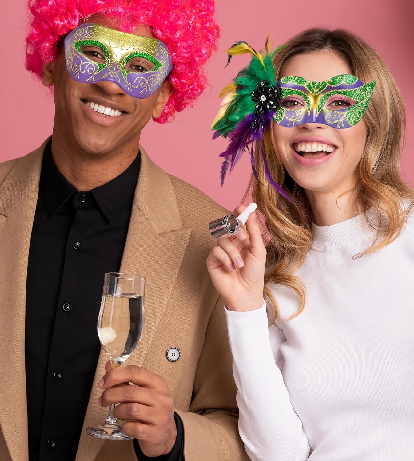 Mardi Gras Mask with Feathers - Venetian Couple Carnivals Masks for Masquerade Party, Cosplay Party, Theme Ball